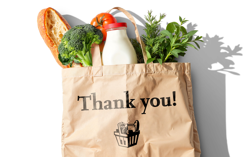 Thank you image of a reusable grocery bag holding healthy groceries.